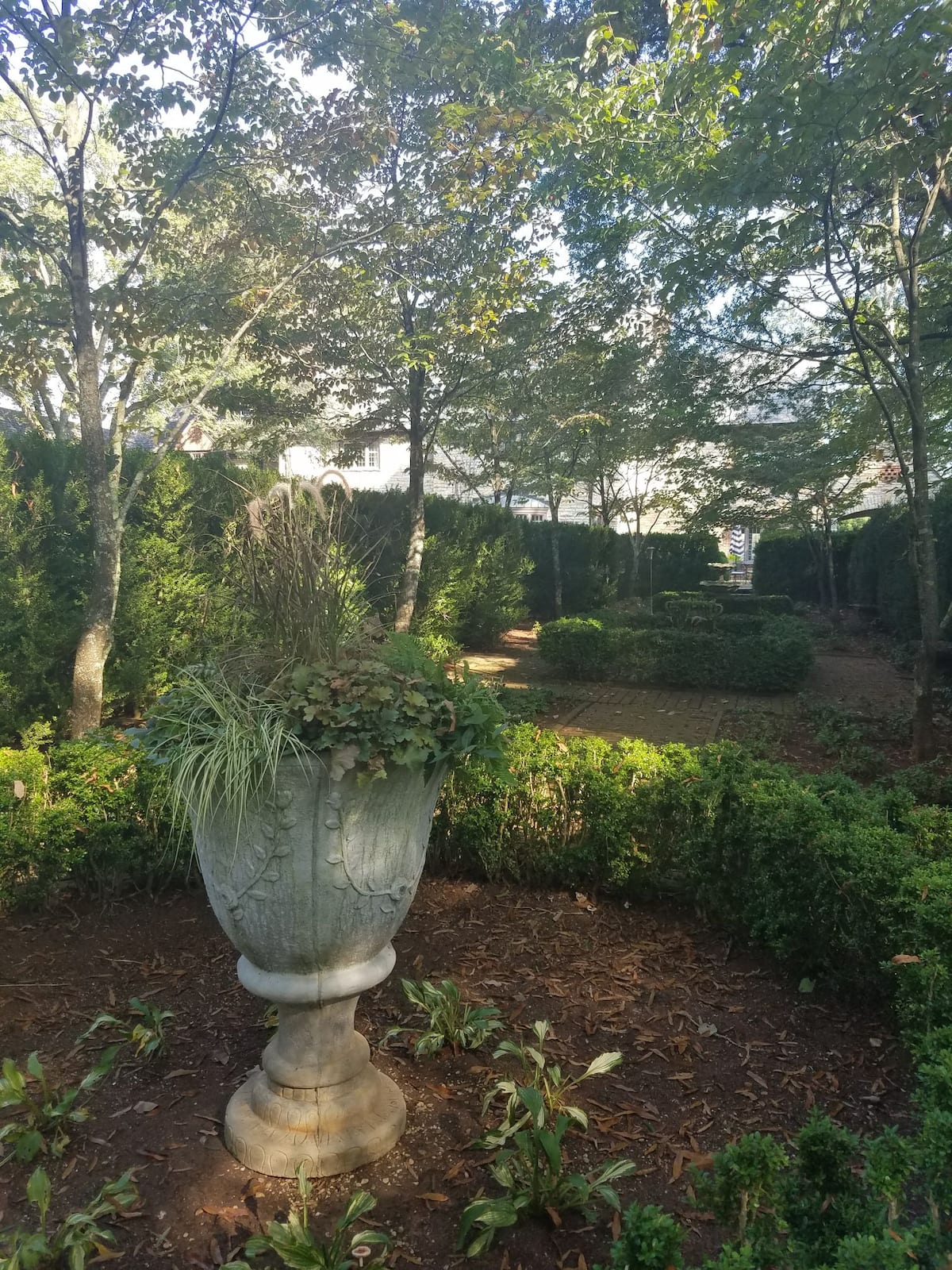 Formal garden with stone urn planter and boxwood hedges