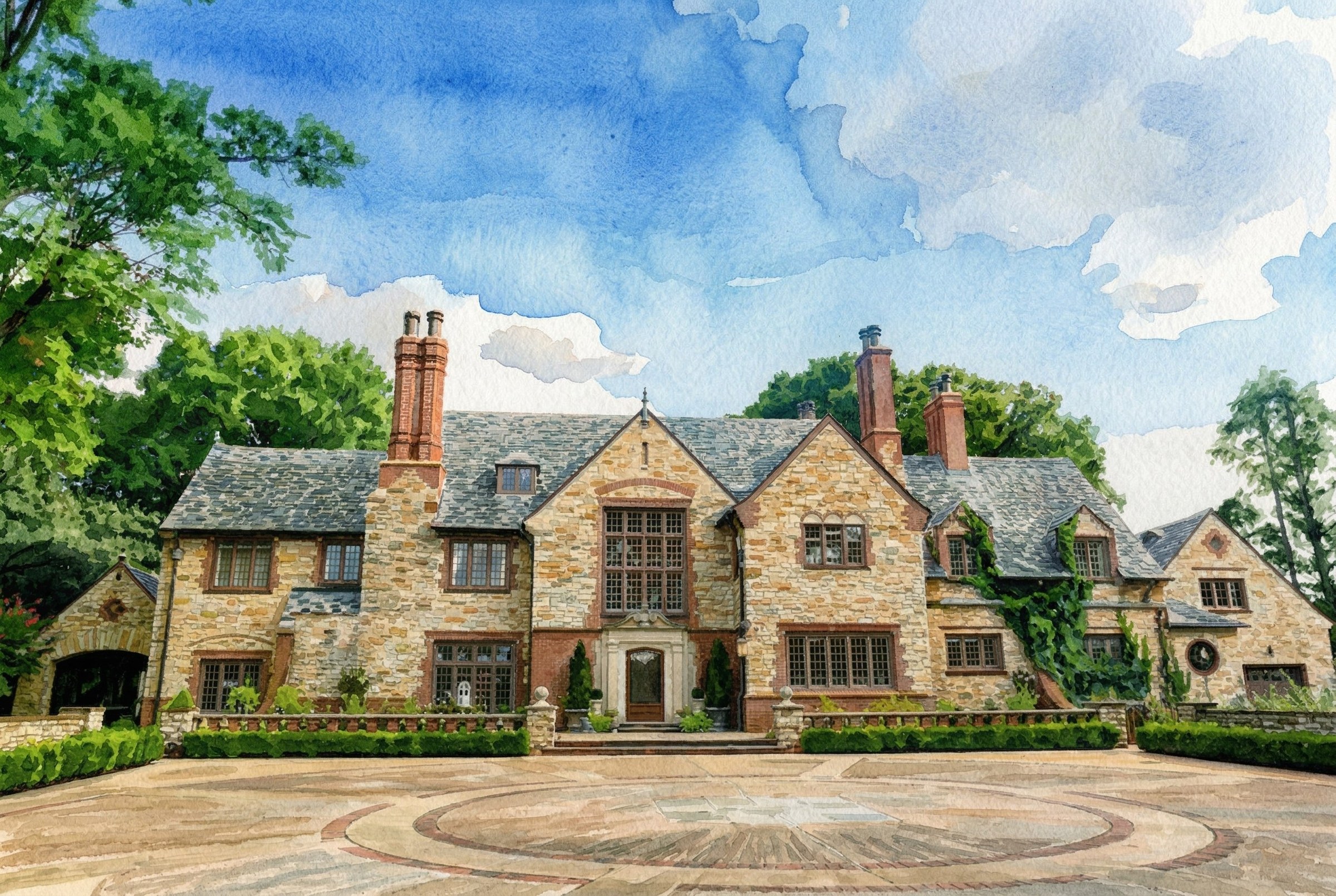 Watercolor illustration of Stoneleigh Estate — 1929 Tudor stone mansion with circular driveway